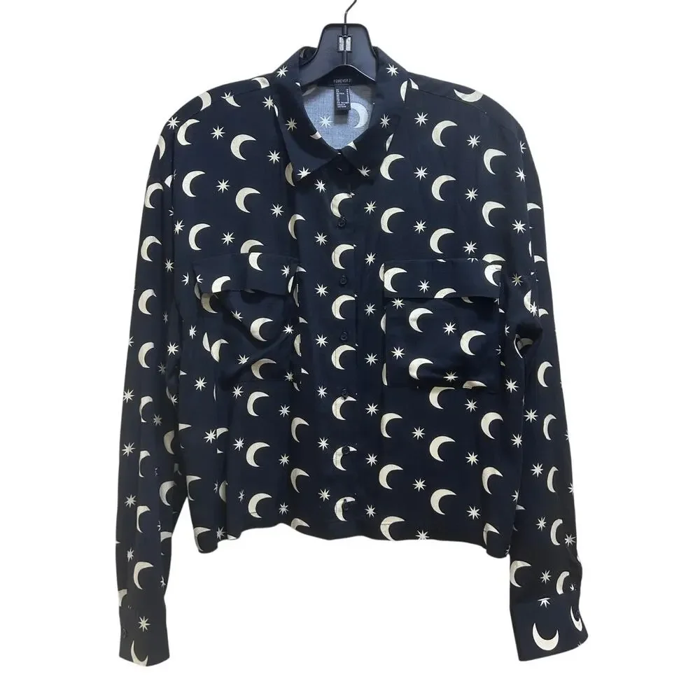 Forever 21 Moon Star Blouse M Black Celestial Button Up Witchy Goth Astrology - Picture 2 of 7
